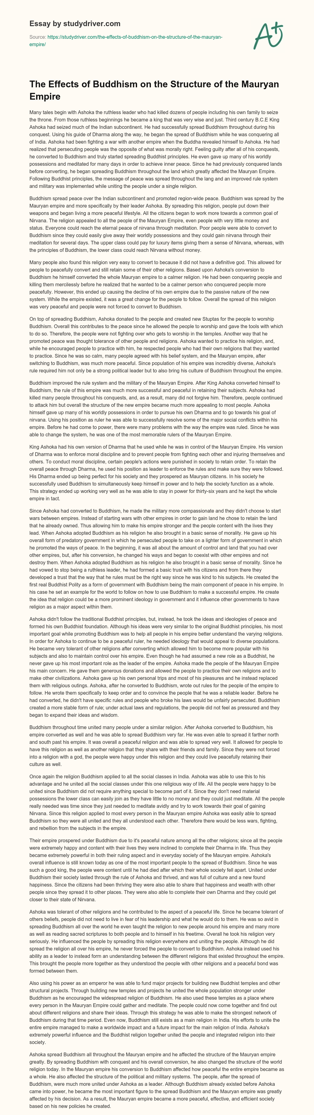 The Effects of Buddhism on the Structure of the Mauryan Empire essay