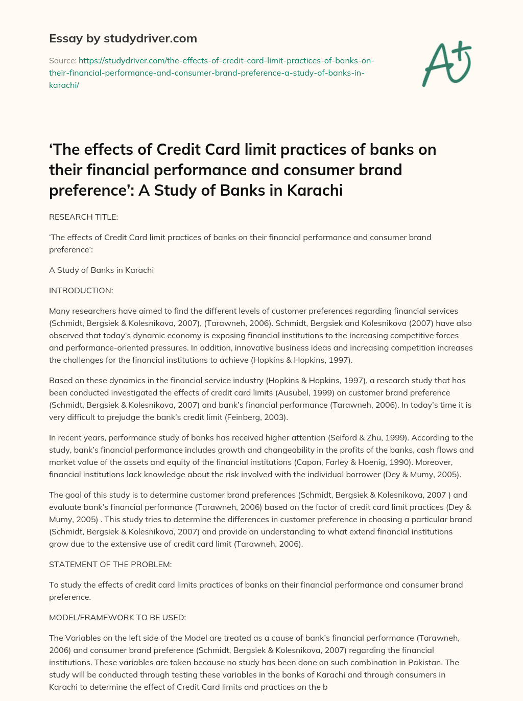 ‘The Effects of Credit Card Limit Practices of Banks on their Financial Performance and Consumer Brand Preference’: a Study of Banks in Karachi essay