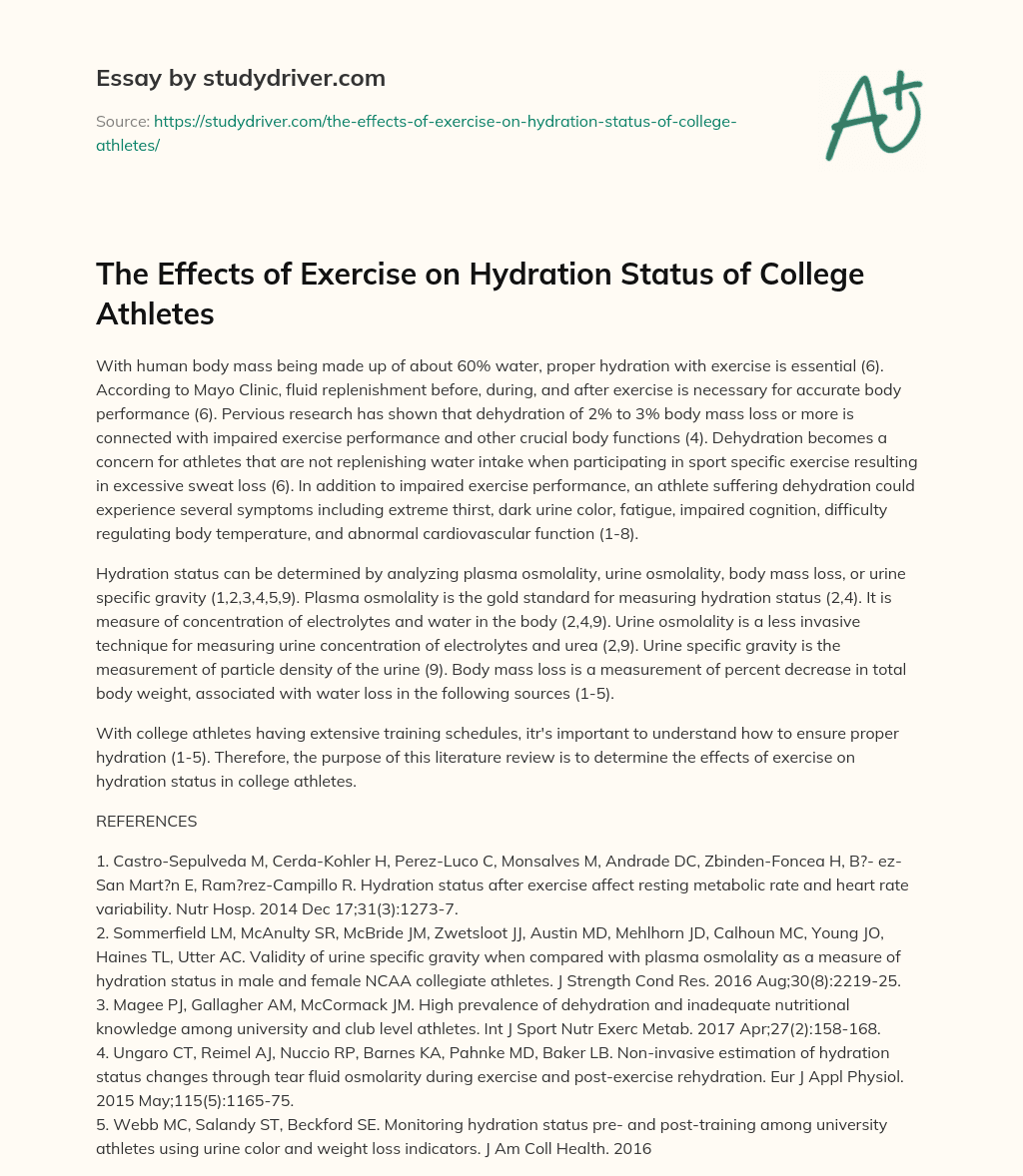 The Effects of Exercise on Hydration Status of College Athletes essay