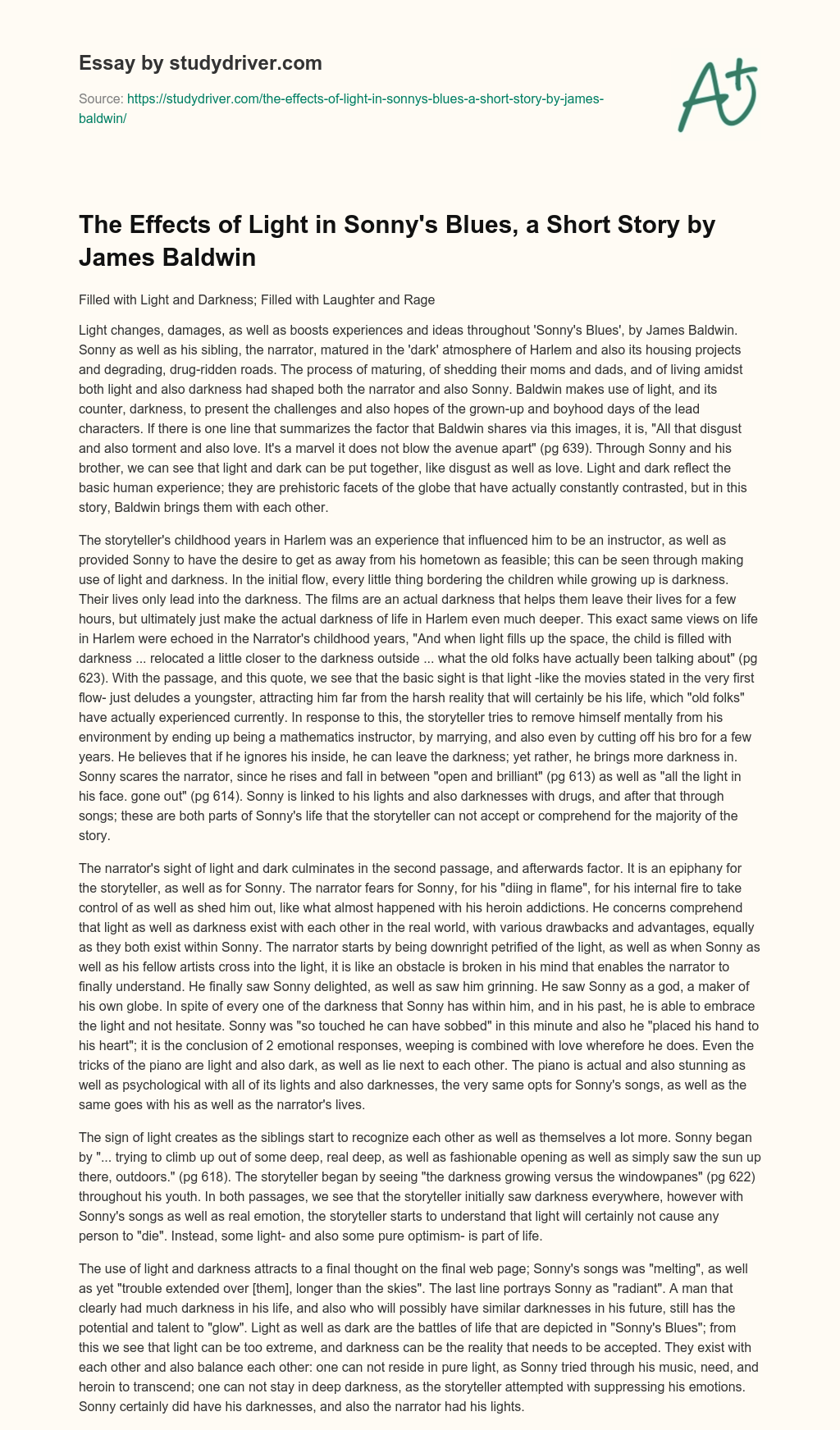 The Effects of Light in Sonny’s Blues, a Short Story by James Baldwin essay