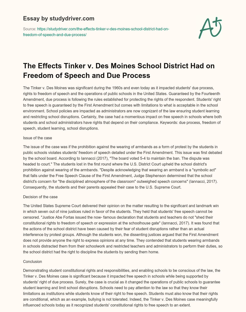 The Effects Tinker V. Des Moines School District had on Freedom of Speech and Due Process essay