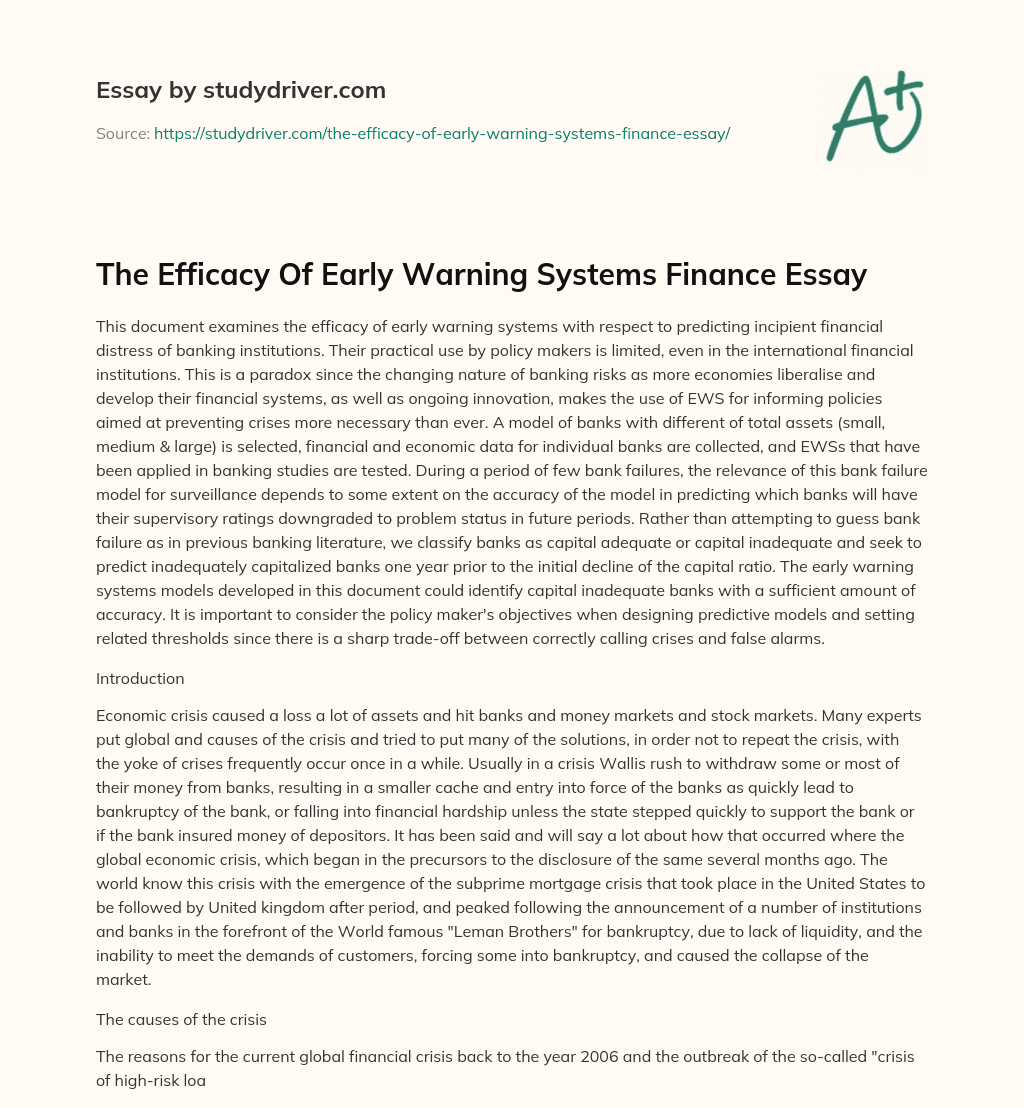 The Efficacy of Early Warning Systems Finance Essay essay