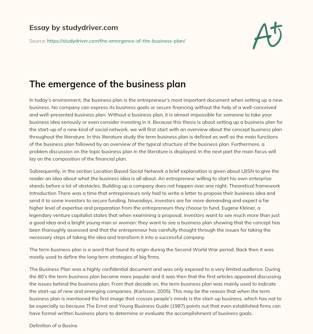 The Emergence of the Business Plan essay