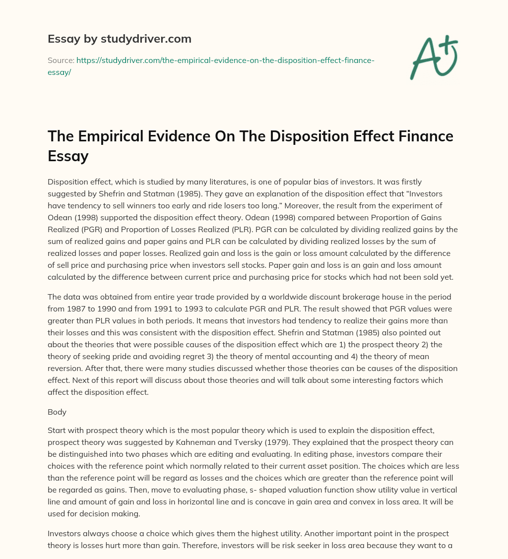 The Empirical Evidence on the Disposition Effect Finance Essay essay