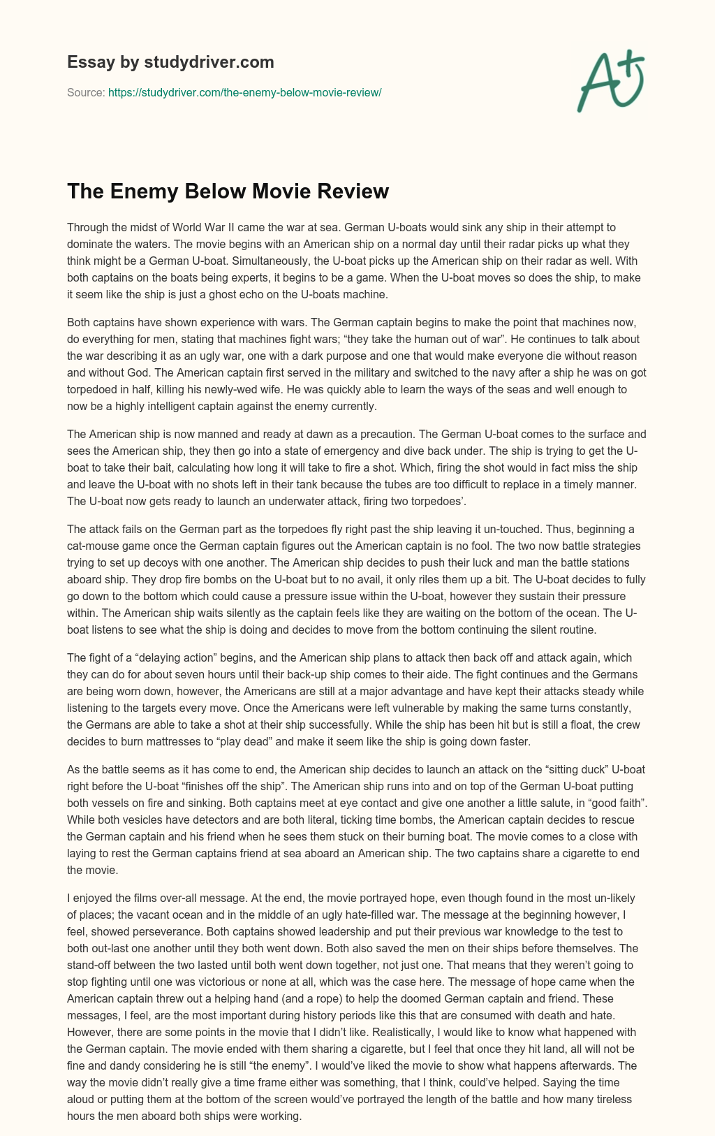 The Enemy below Movie Review essay