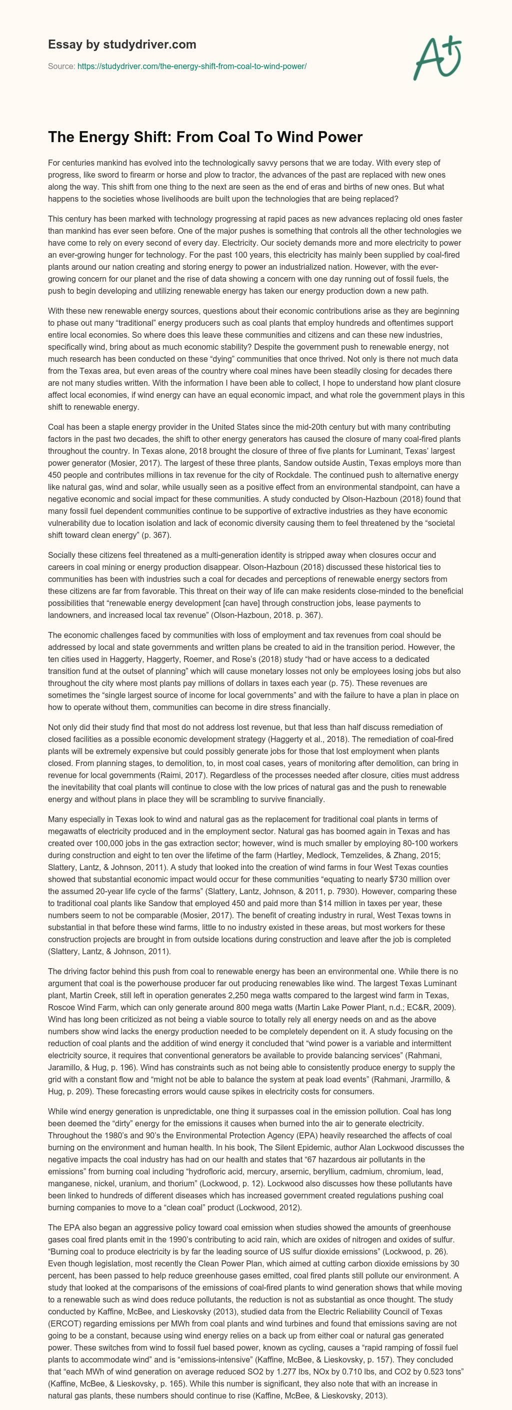 The Energy Shift: from Coal to Wind Power essay