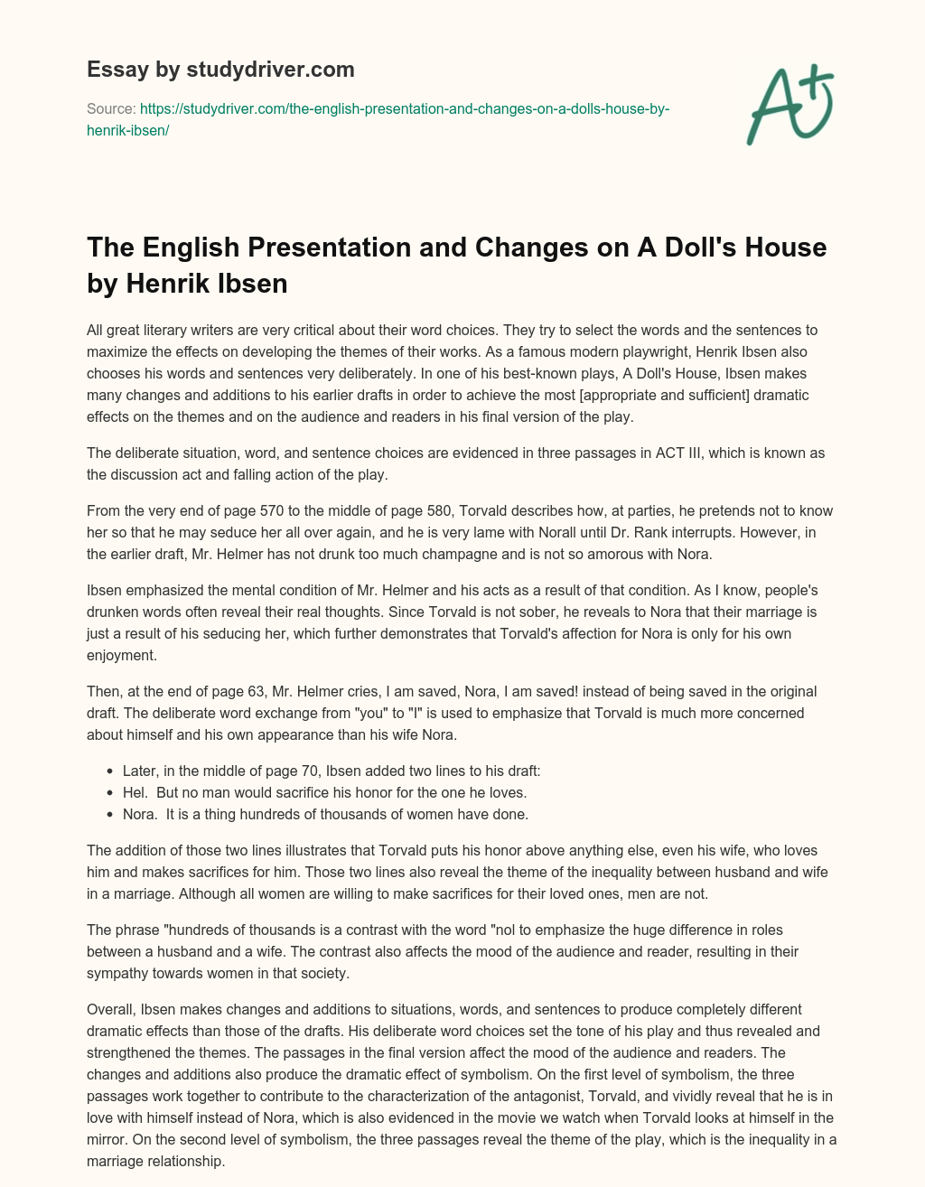 The English Presentation and Changes on a Doll’s House by Henrik Ibsen essay