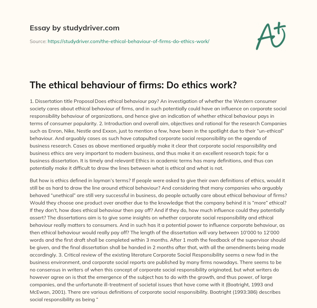 The Ethical Behaviour of Firms: do Ethics Work? essay