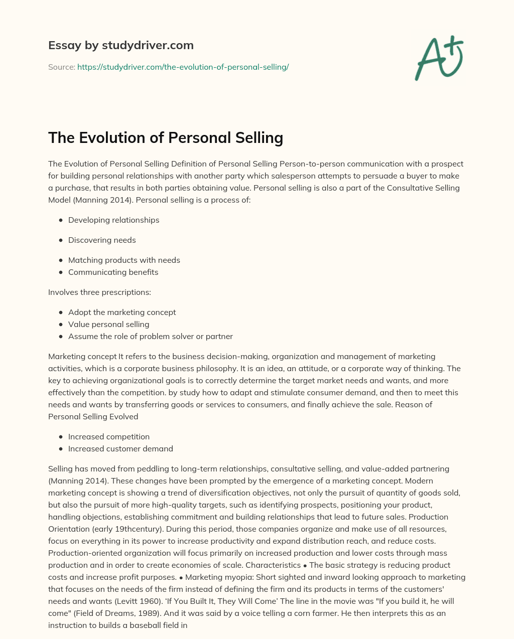 The Evolution of Personal Selling essay