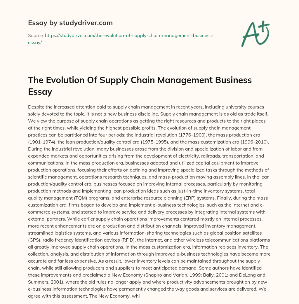 The Evolution of Supply Chain Management Business Essay essay