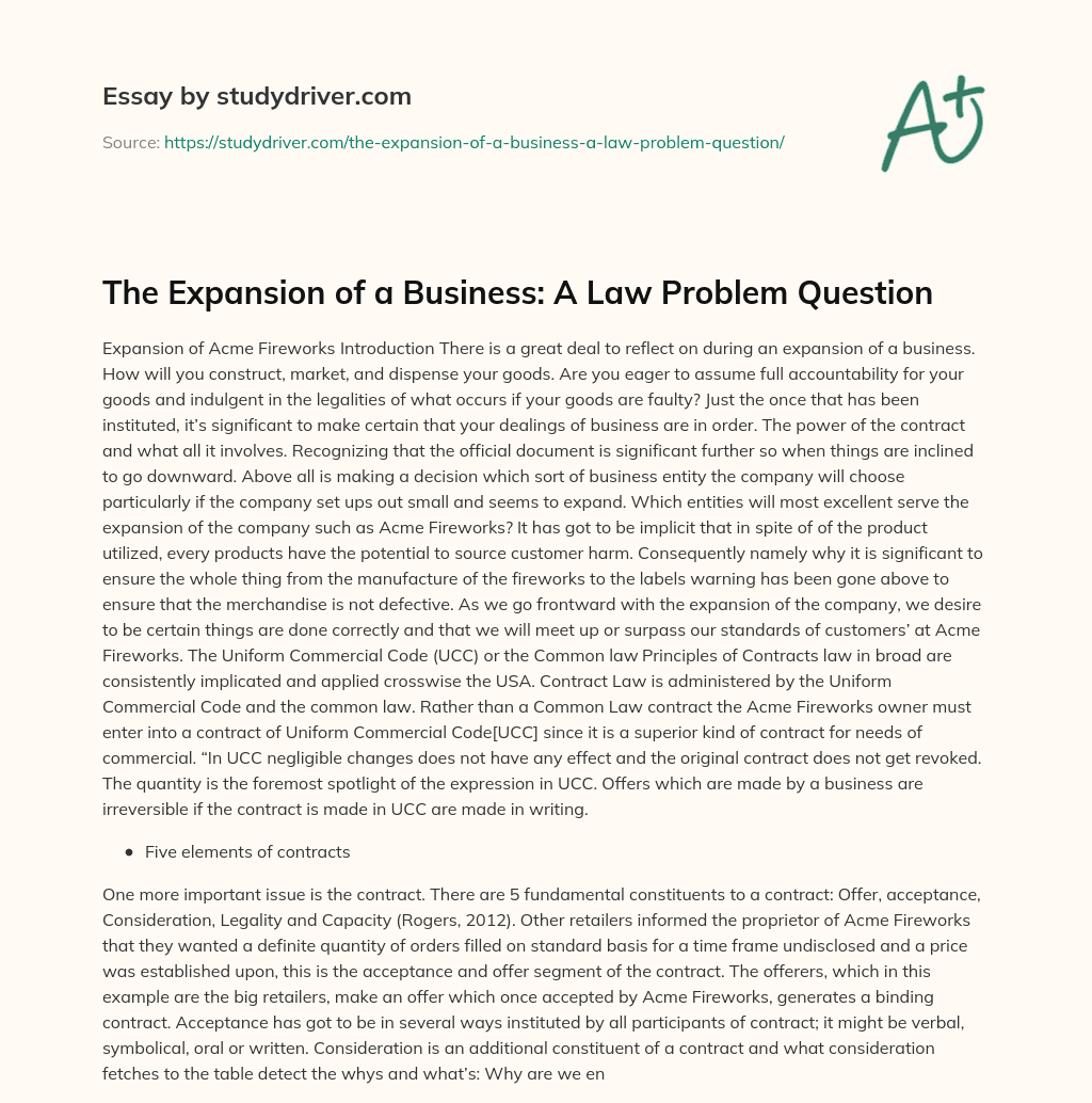 The Expansion of a Business: a Law Problem Question essay