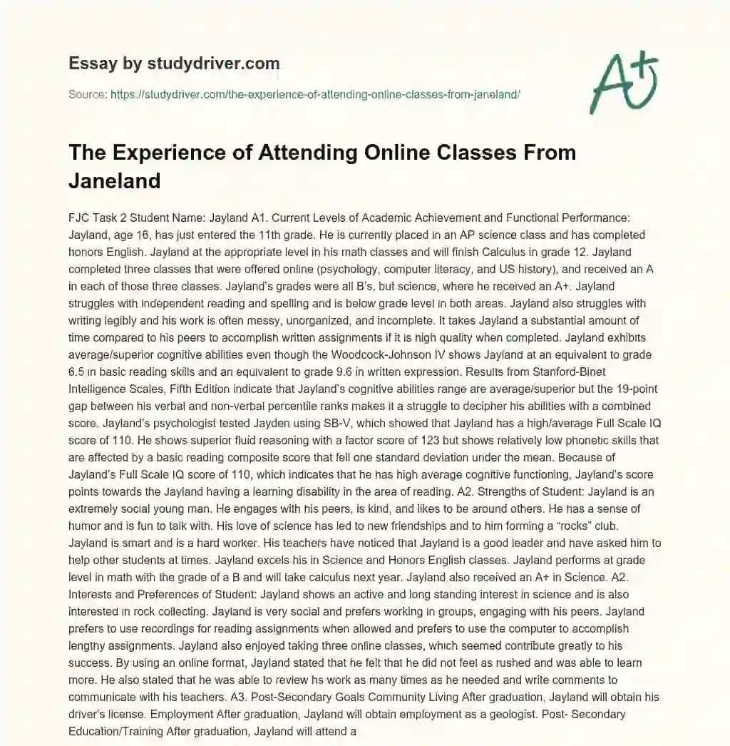 The Experience of Attending Online Classes from Janeland essay