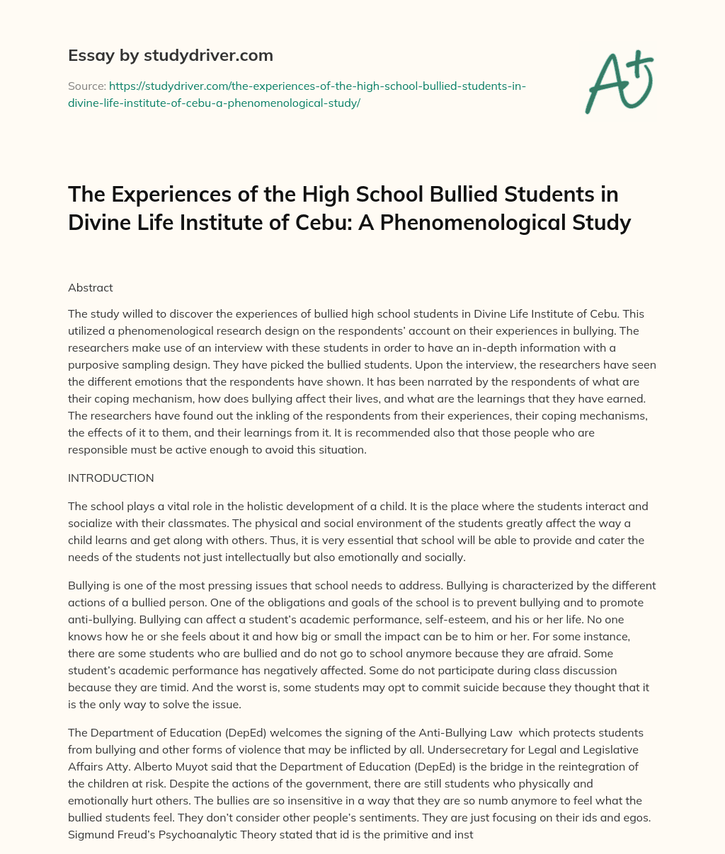 The Experiences of the High School Bullied Students in Divine Life Institute of Cebu: a Phenomenological Study essay