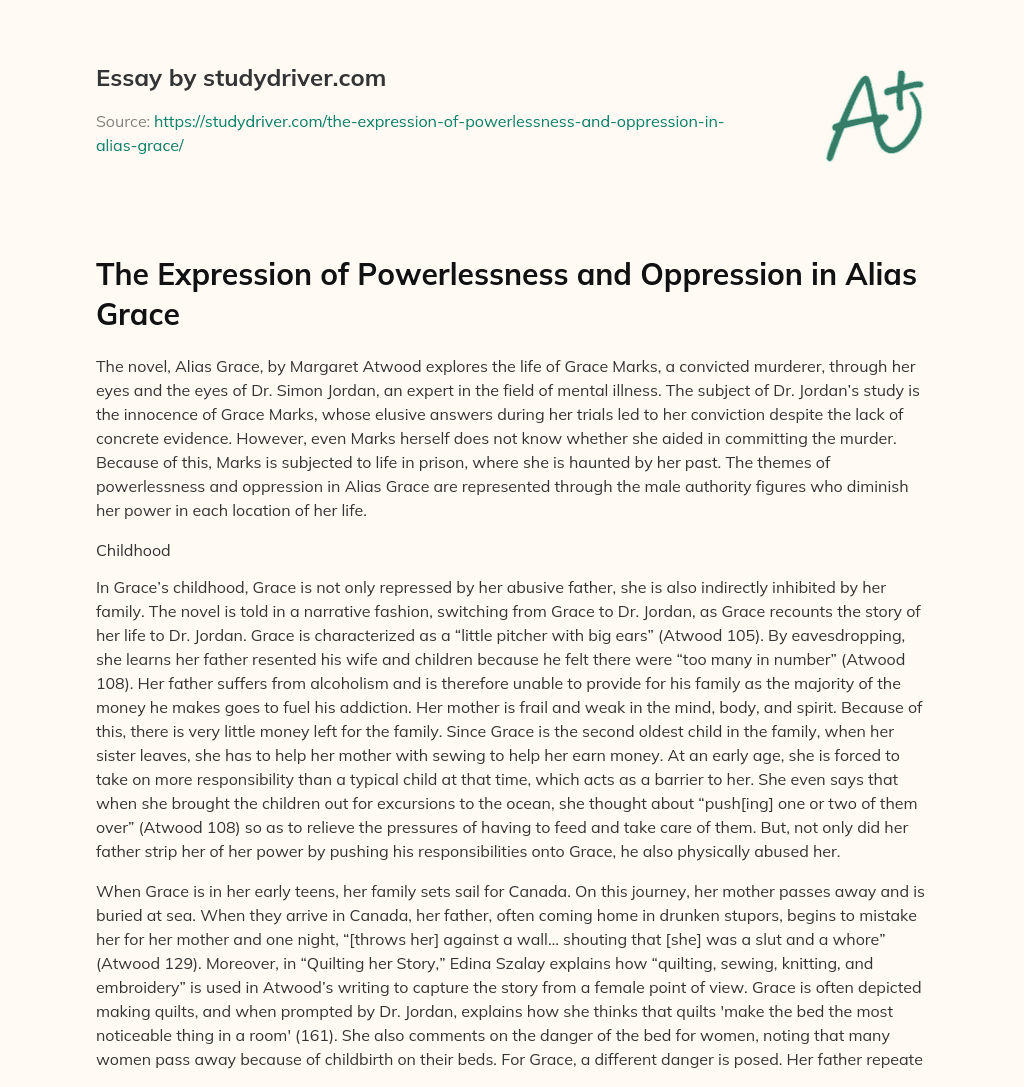 The Expression of Powerlessness and Oppression in Alias Grace essay