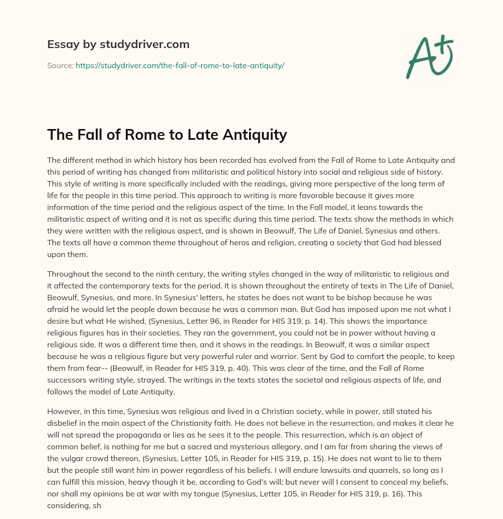 The Fall of Rome to Late Antiquity essay