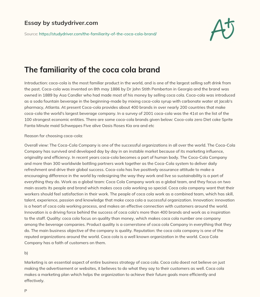 The Familiarity of the Coca Cola Brand essay