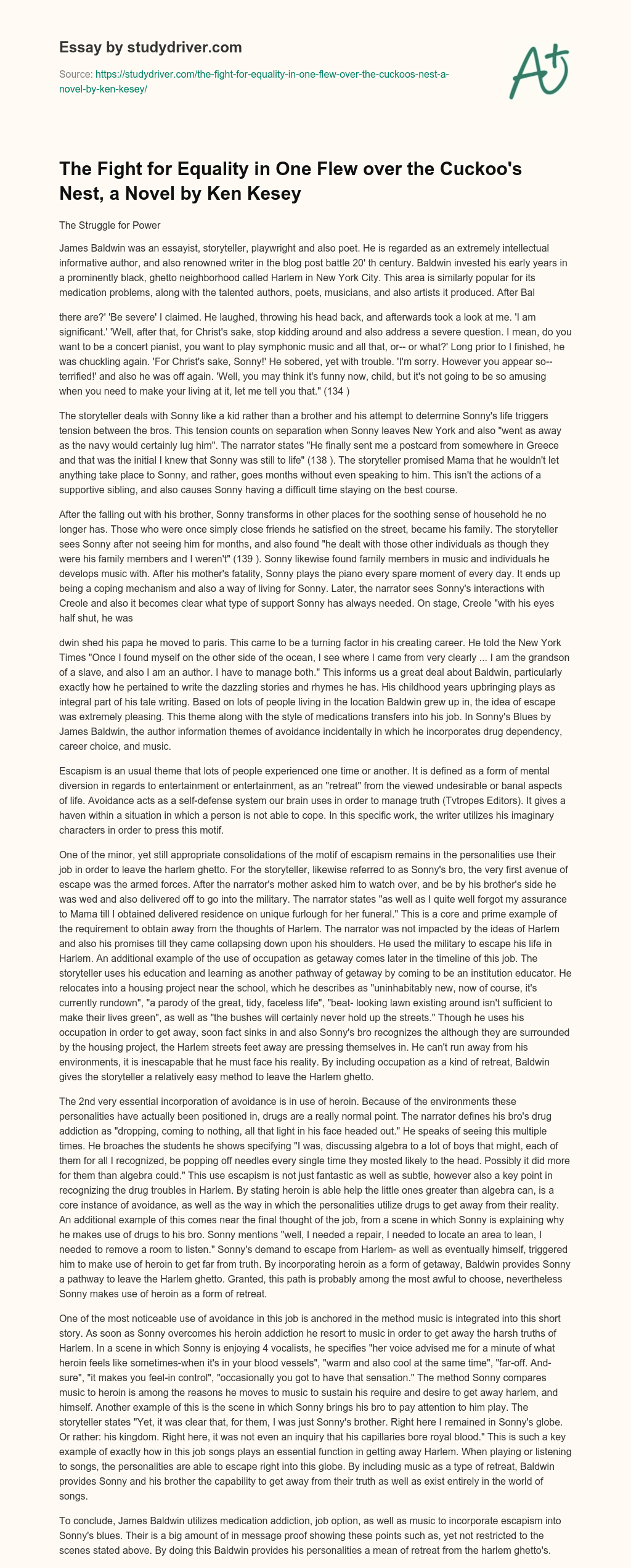 The Fight for Equality in One Flew over the Cuckoo’s Nest, a Novel by Ken Kesey essay