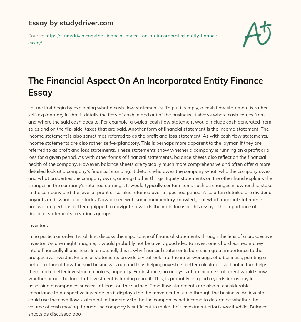 The Financial Aspect on an Incorporated Entity Finance Essay essay