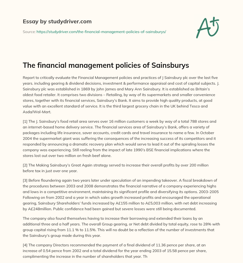 The Financial Management Policies of Sainsburys essay