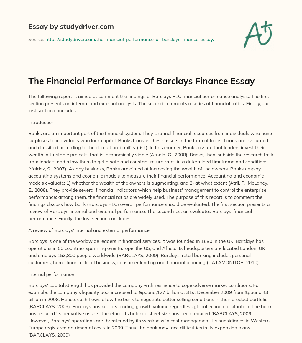 The Financial Performance of Barclays Finance Essay essay