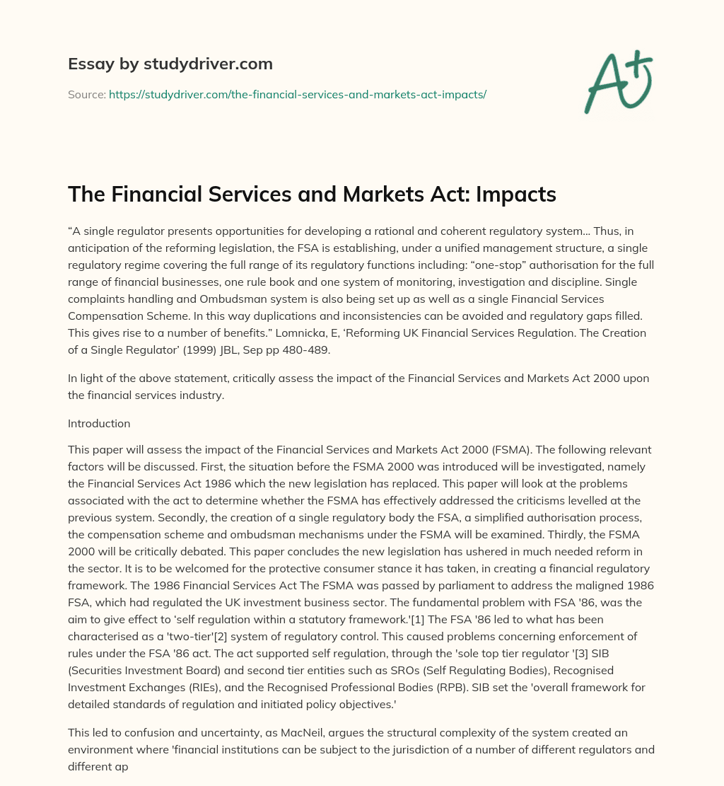 The Financial Services and Markets Act: Impacts essay