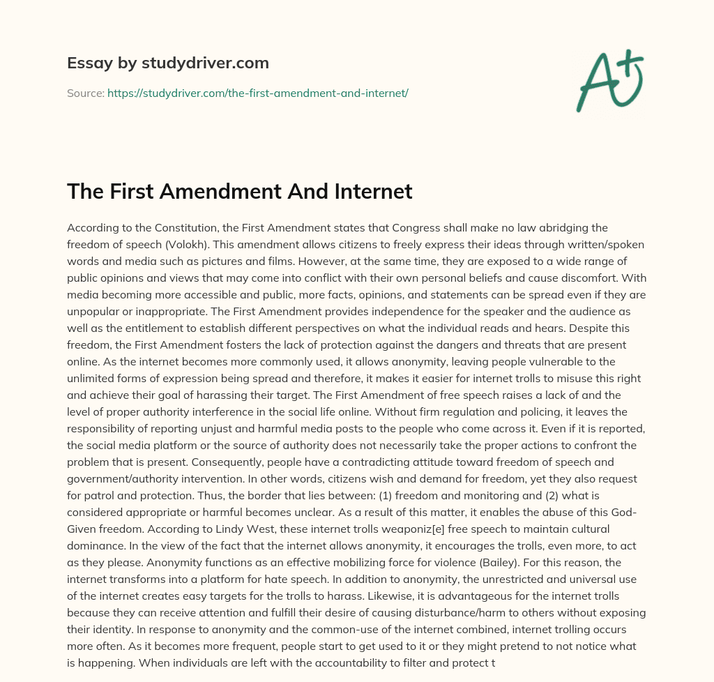 The First Amendment and Internet essay