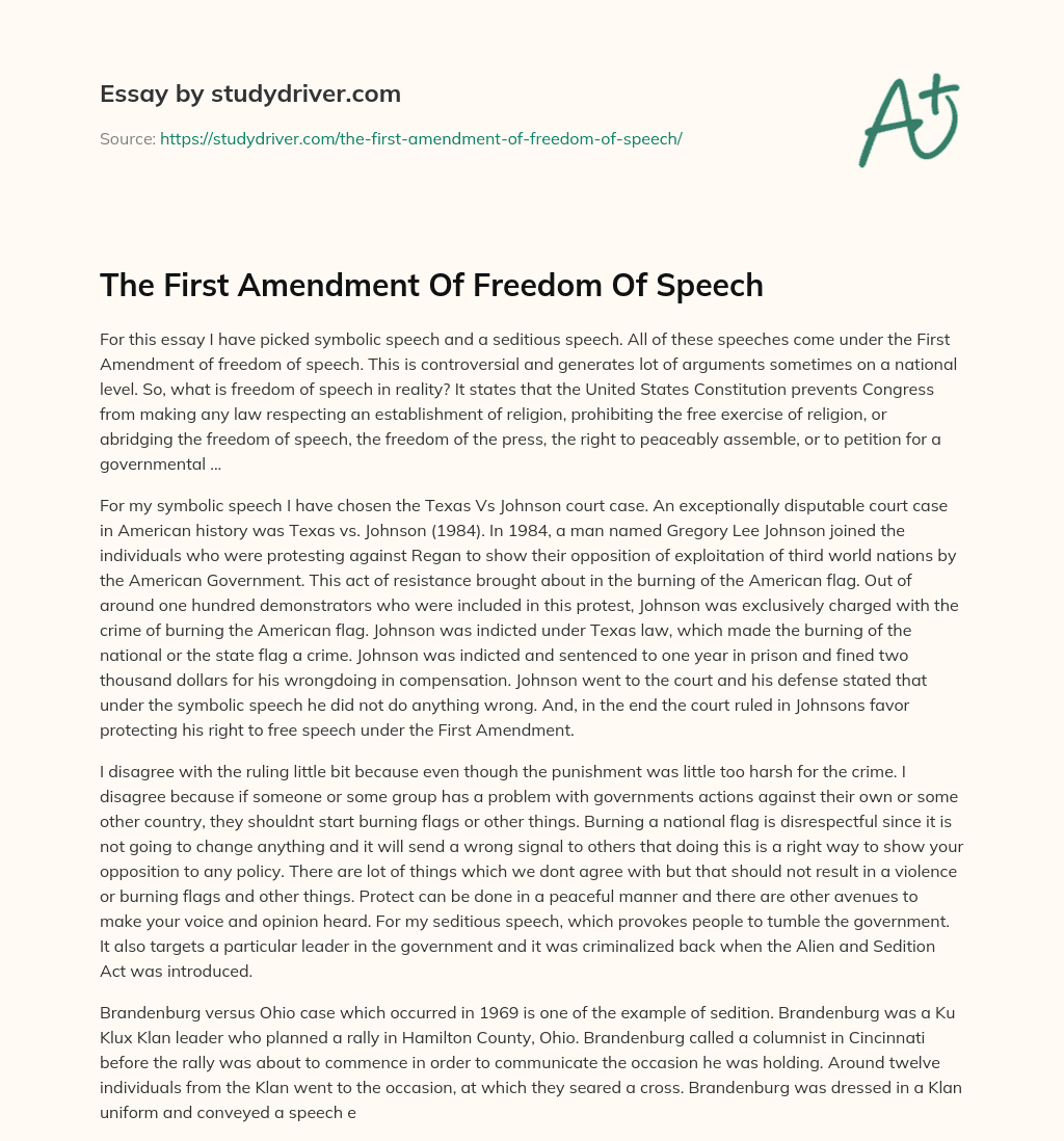 The First Amendment of Freedom of Speech essay