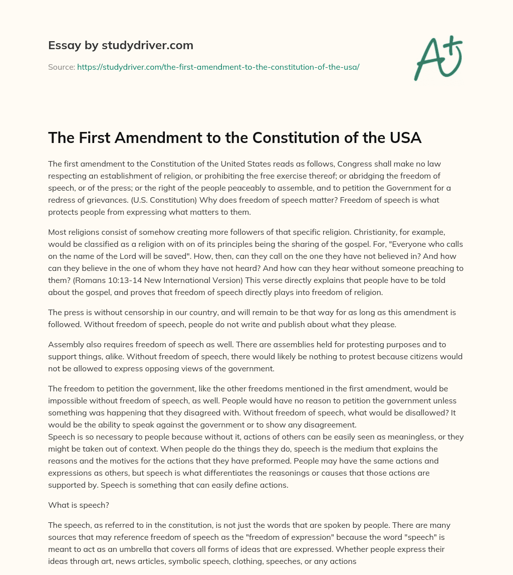 The First Amendment to the Constitution of the USA essay