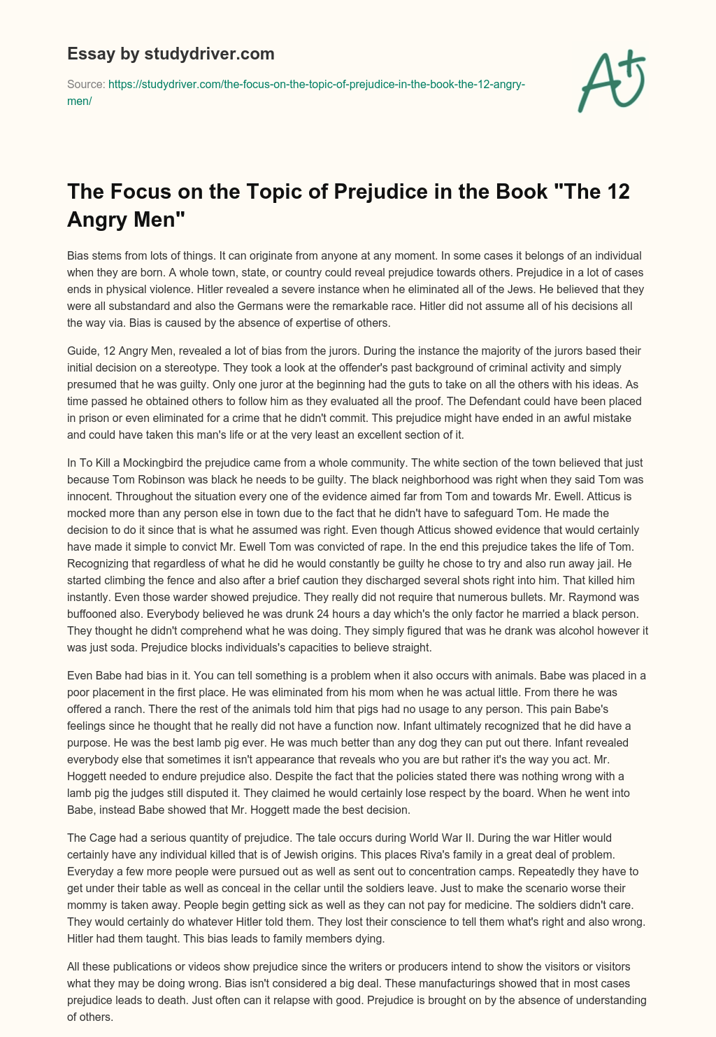 The Focus on the Topic of Prejudice in the Book “The 12 Angry Men” essay