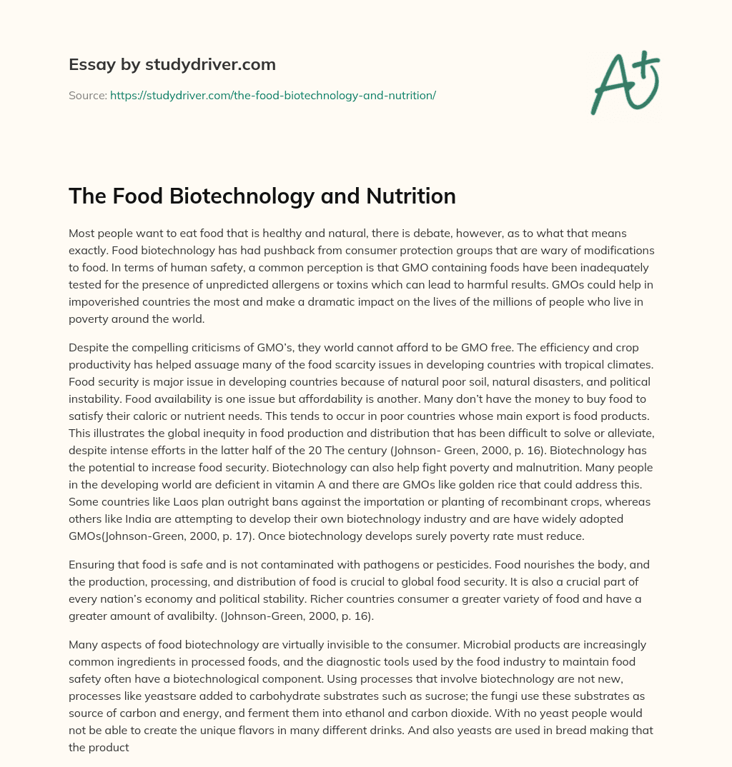 The Food Biotechnology and Nutrition essay