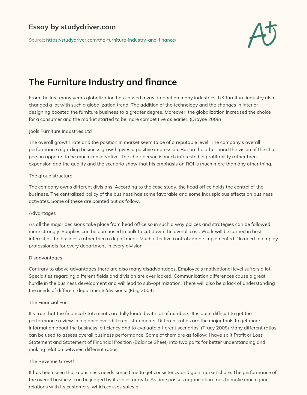 The Furniture Industry and Finance essay