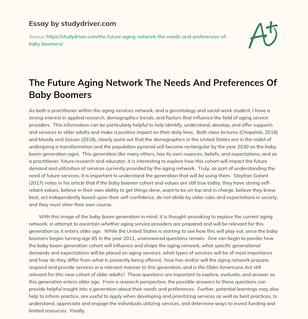 The Future Aging Network the Needs and Preferences of Baby Boomers essay