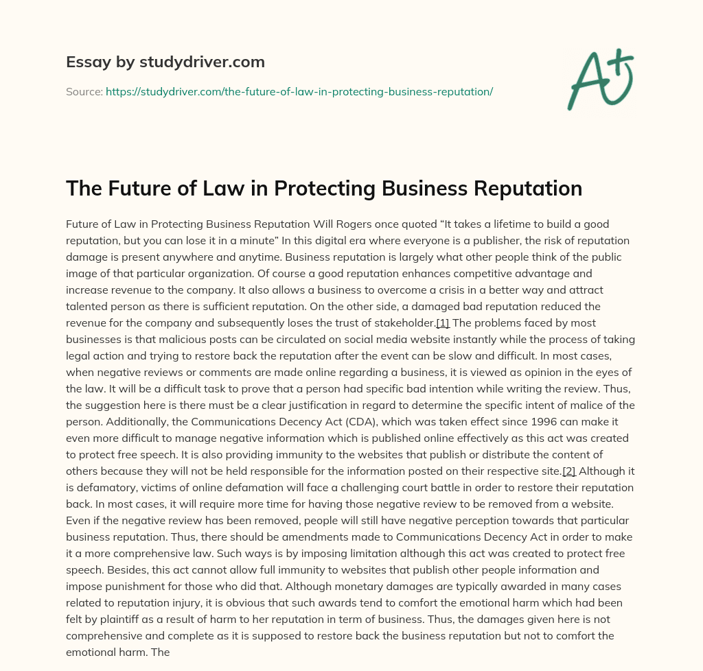 The Future of Law in Protecting Business Reputation essay