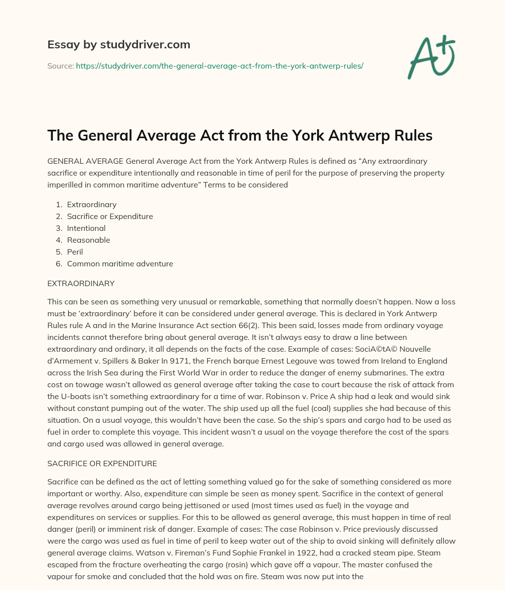 The General Average Act from the York Antwerp Rules essay