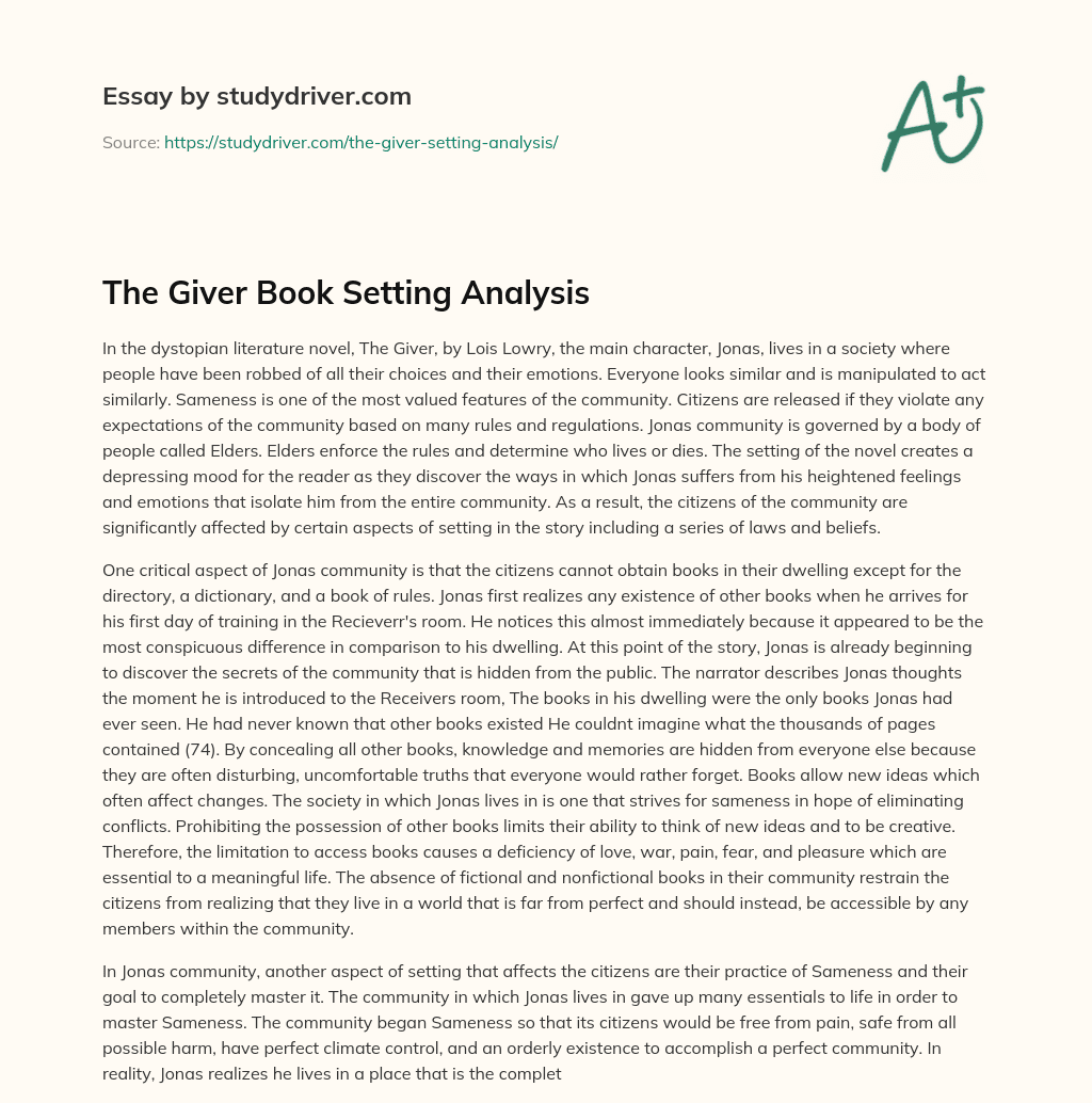 The Giver Book Setting Analysis essay