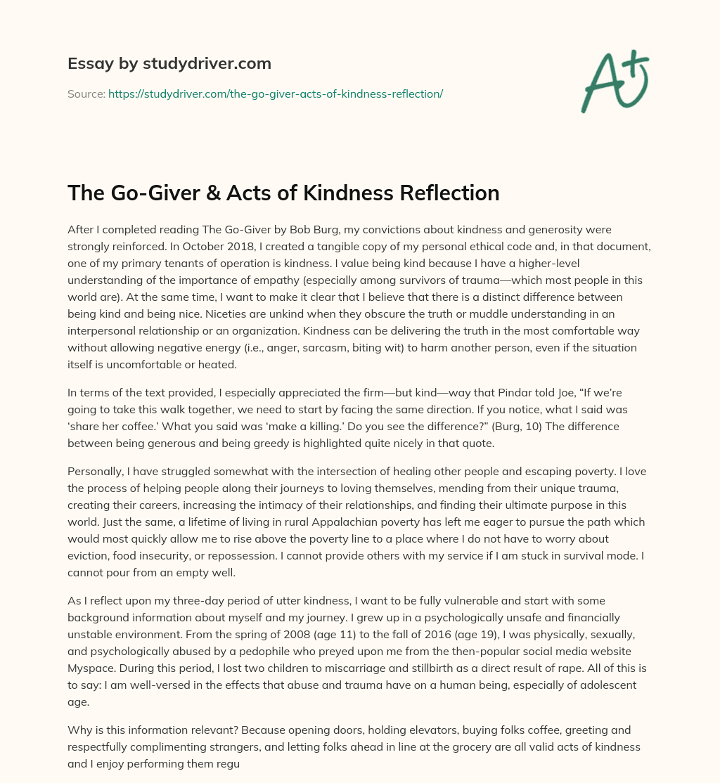The Go-Giver & Acts of Kindness Reflection essay