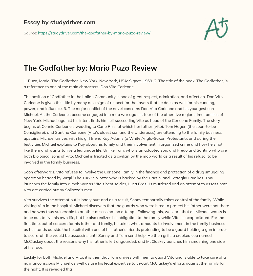 The Godfather By: Mario Puzo Review essay