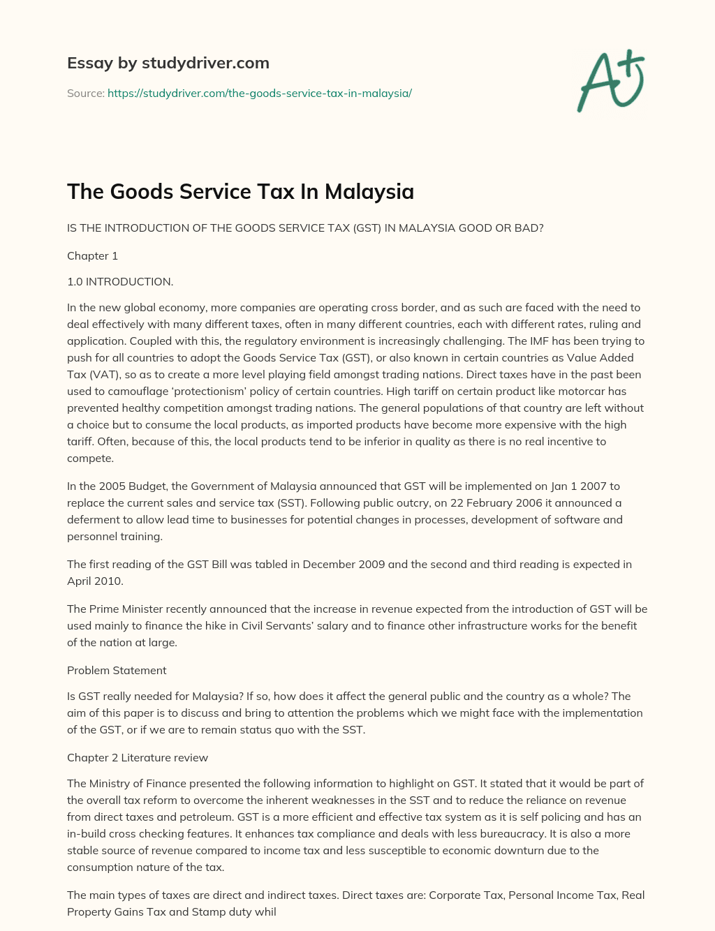 The Goods Service Tax in Malaysia essay