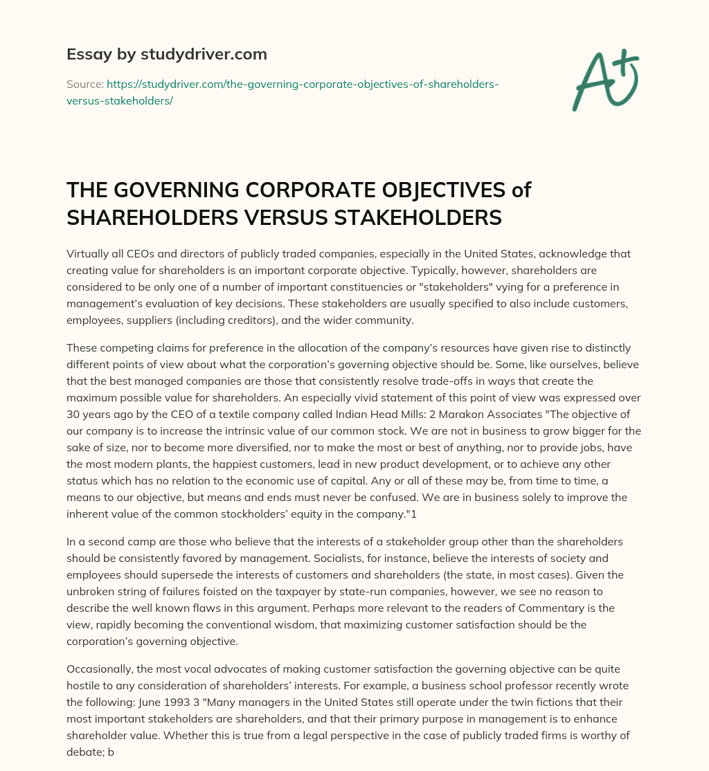 THE GOVERNING CORPORATE OBJECTIVES of SHAREHOLDERS VERSUS STAKEHOLDERS essay