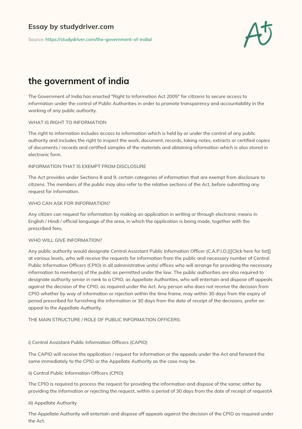 the Government of India essay