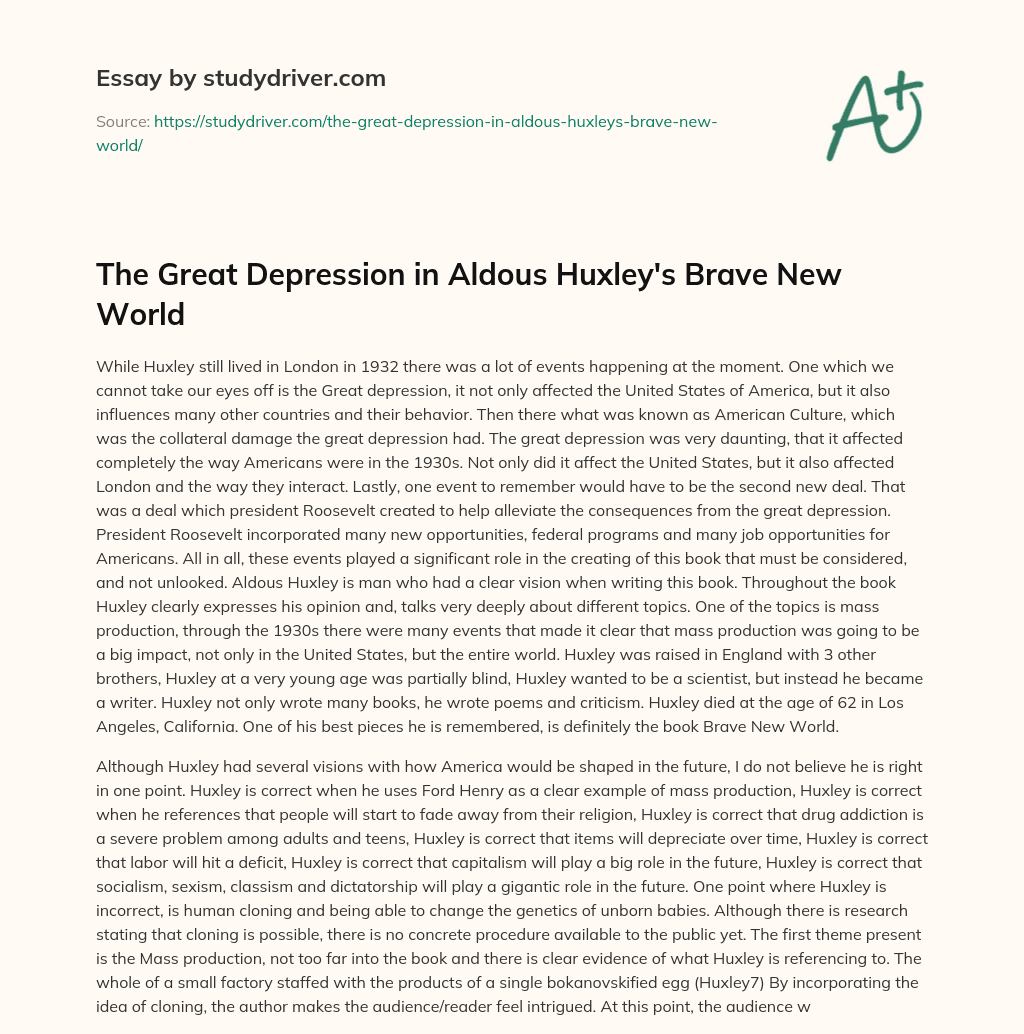 The Great Depression in Aldous Huxley’s Brave New World essay