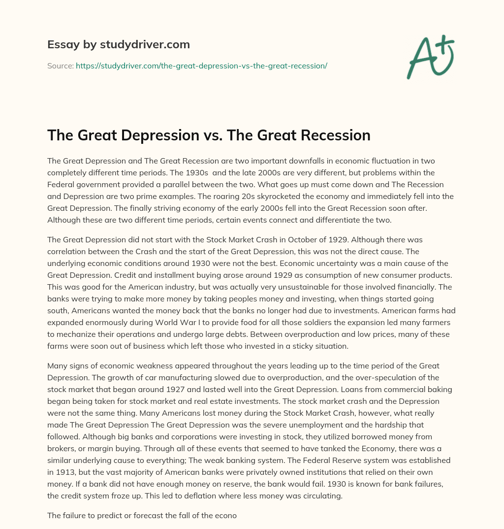 The Great Depression Vs. the Great Recession essay