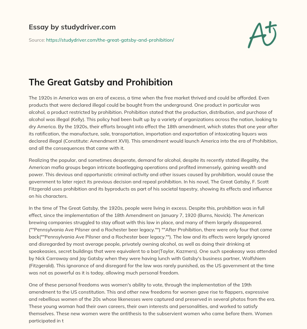 The Great Gatsby and Prohibition essay