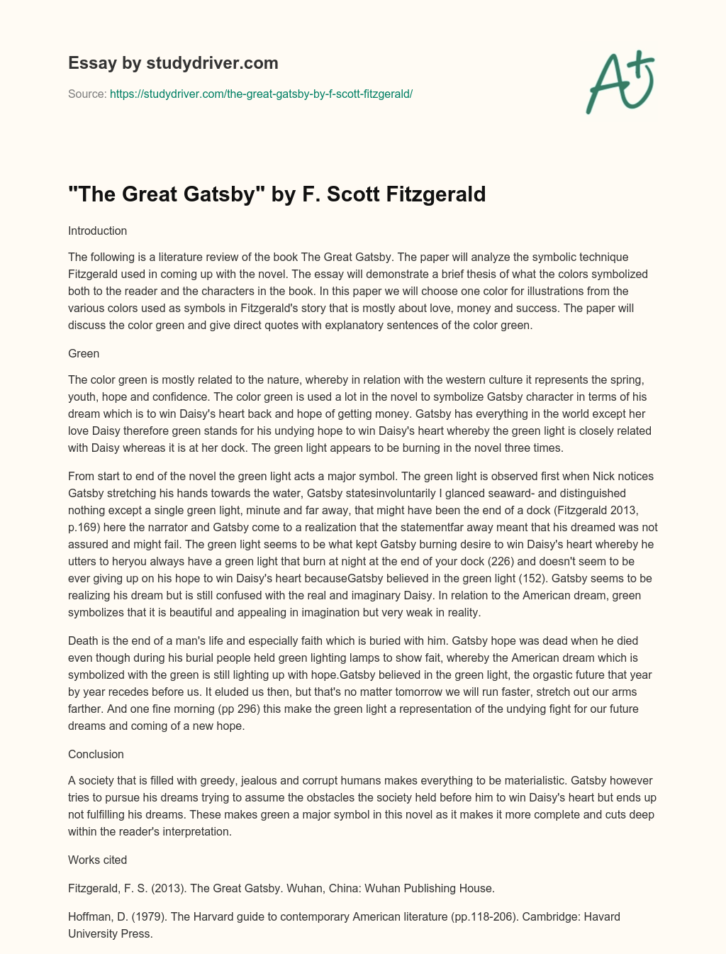 “The Great Gatsby” by F. Scott Fitzgerald essay