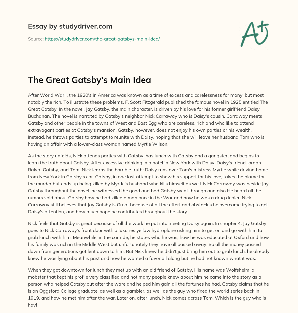 The Great Gatsby’s Main Idea essay