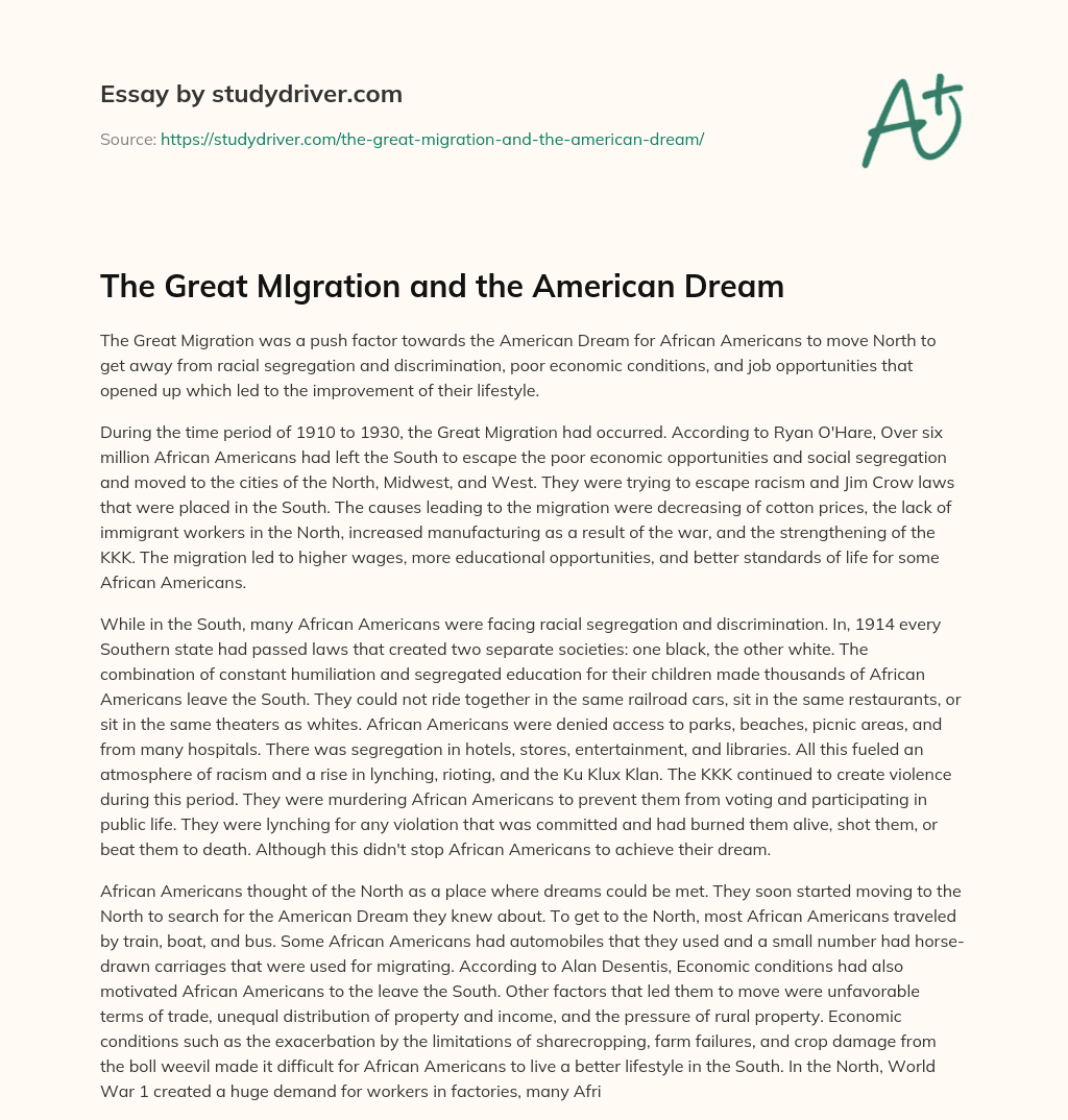 The Great MIgration and the American Dream essay