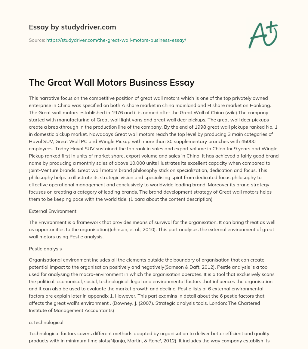 The Great Wall Motors Business Essay essay