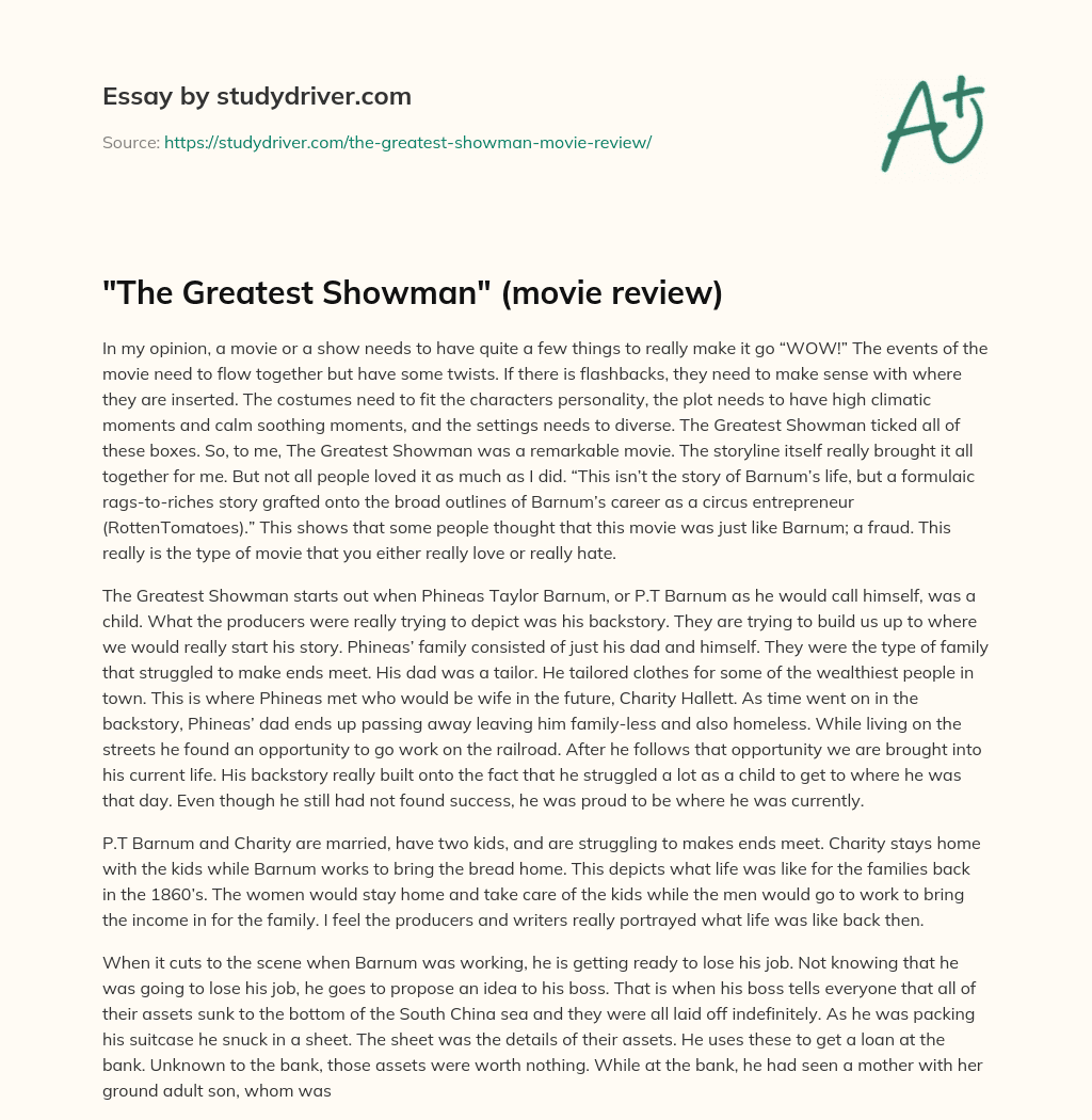 “The Greatest Showman” (movie Review) essay