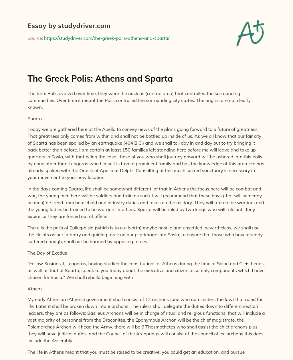 The Greek Polis: Athens and Sparta essay