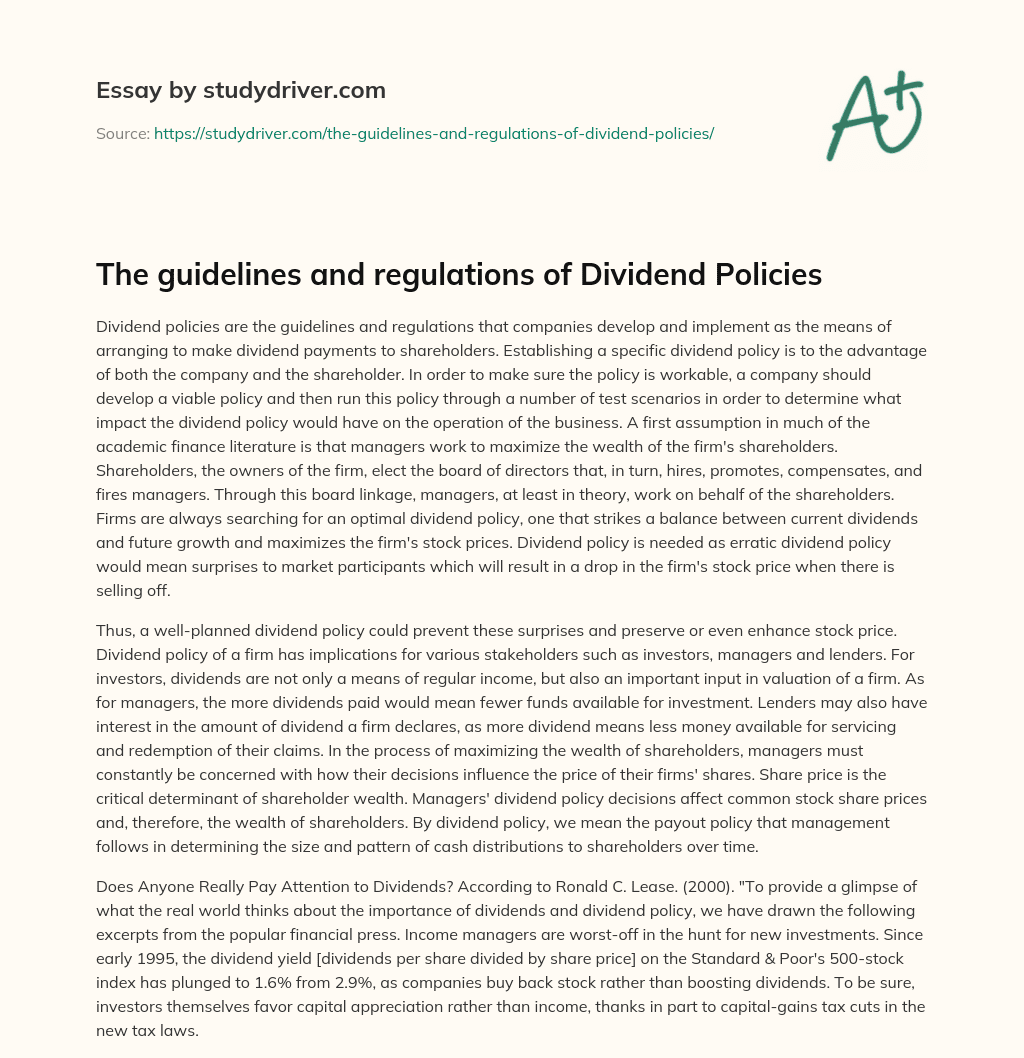 The Guidelines and Regulations of Dividend Policies essay